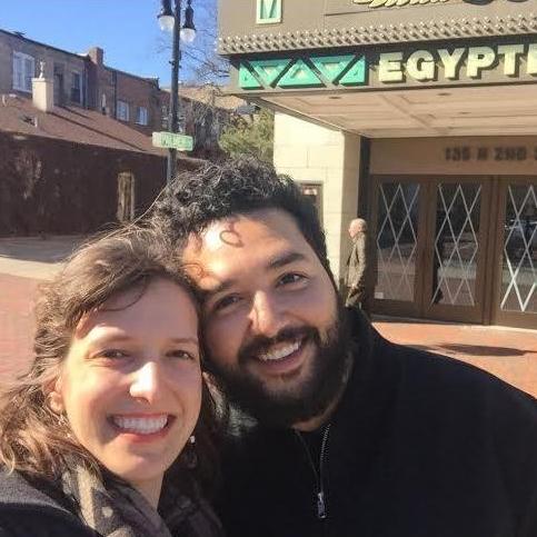 At the intersection of Palmer Ct. and the Egyptian Theater in DeKalb, IL on Sarah's first trip there