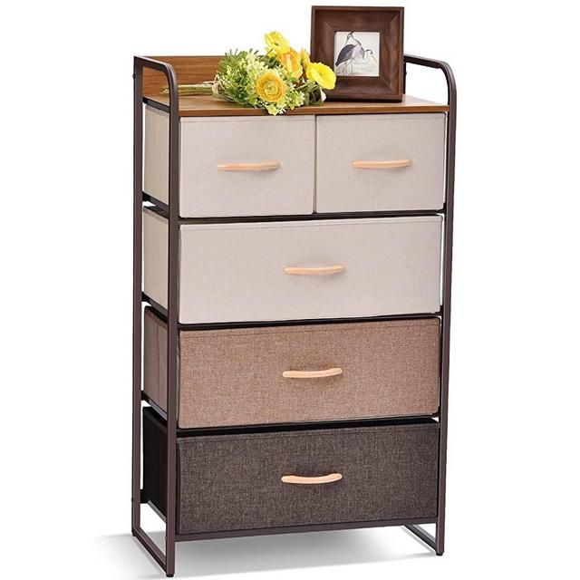 TOOLF Dresser Organizer with 5 Drawers, Fabric Dressers & Chests of Drawers, Storage Drawer Units, Tall Dresser Tower with Fabric Bins for Bedroom, Hallway, Entryway, Closets, Nursery - Brown