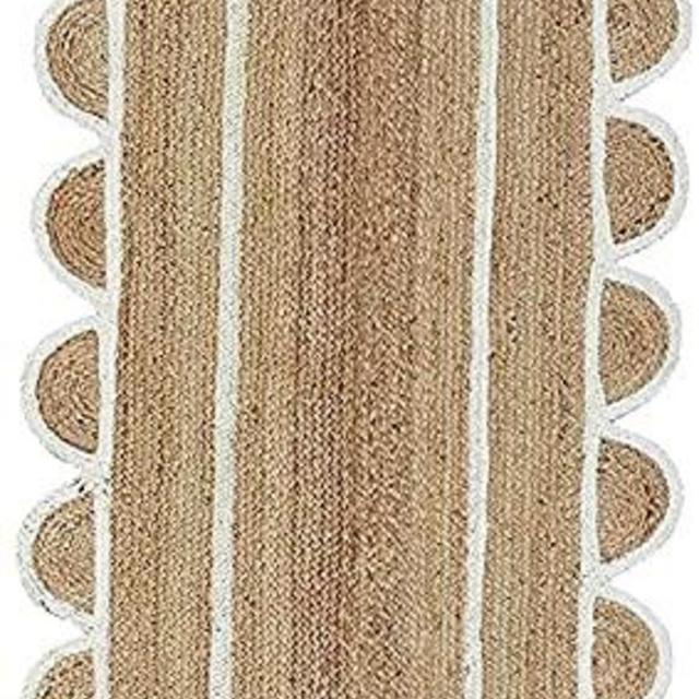 KLAVATE Scalloped Multi Border Decor Braided Jute Collection Classic Quality Made Natural Hand Woven Area Rug (2x6, White)