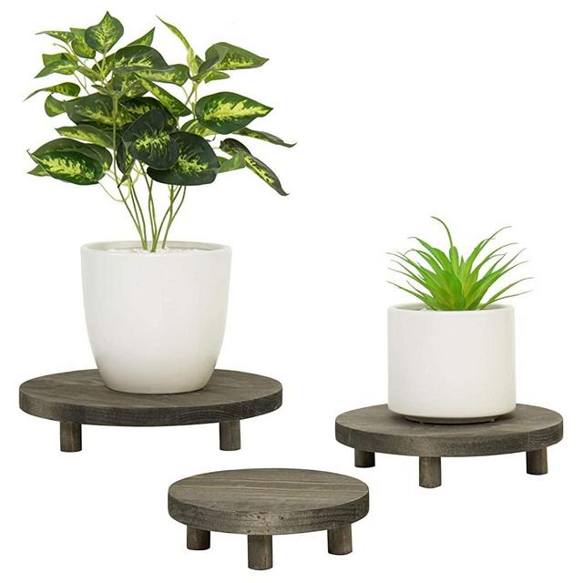MyGift Vintage Gray Solid Wood Garden Plant Pot Riser Display Stands, Set of 3