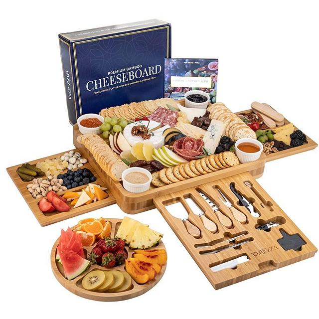 VAREZZA Bamboo Cheese Board and Knife Set. Extra Large Charcuterie Board Set - Serving Board, Side Cheese Tray, Round Bamboo Fruit Cheese Platter, 23 Entertaining Accessories for House Warming Gifts