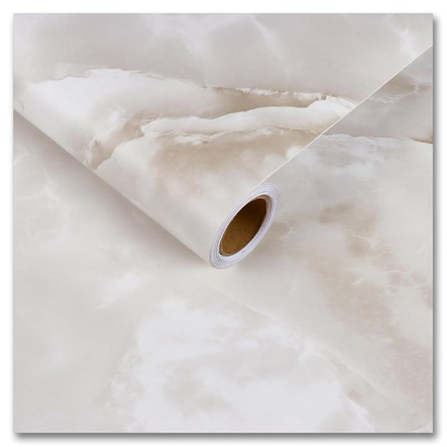 CRE8TIVE Matte Beige Cloudy Marble Countertop Contact Paper Waterproof 12"x354" Self Adhesive Cream Marble Wallpaper Peel and Stick Counter Top Stick Paper Removable Wall Paper for Kitchen Shelf Liner