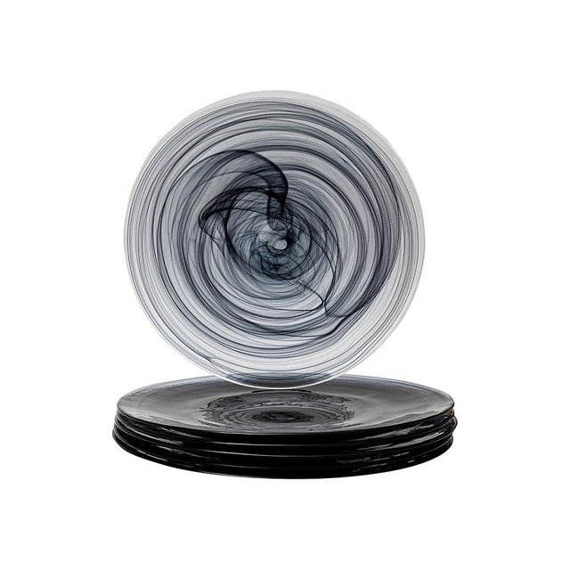 Vikko Dinner Plates, Set of 6 Black Alabaster Plates, 11" Plate with Marbelized, Swirl Design, Elegant Glass Plate, Dishwasher Safe