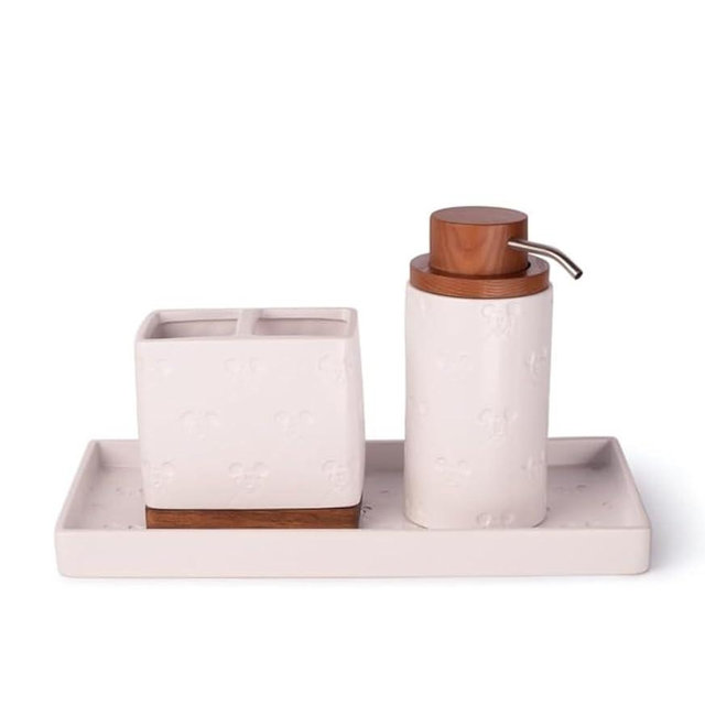 Disney Mickey Mouse Bathroom Accessories Set | Ceramic Tooth Brush Holder Tray and Soap Pump | Disney Housewarming Gifts | Set of 3 Bathroom Accessories | Official Disney Licensee