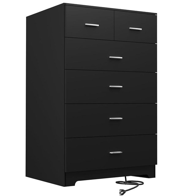 FJTJBSI Dresser with Power Outlets Wooden 6 Drawer Dresser with Large Organizer Black Dresser and Tall Dresser with Smooth Metal Rail Chest of Drawers Closet Modern Dresser for Bedroom Hallway