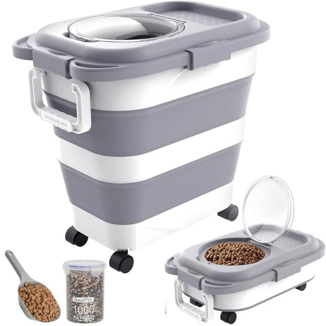 HOYTAMDAR 25-28lbs Dog Food Storage Container, Collapsible Dog Food Container, Wheels, Handle, Airtight Pet Food Storage Container, Scoop, Small Dry Container For Dog Cat Bird Food