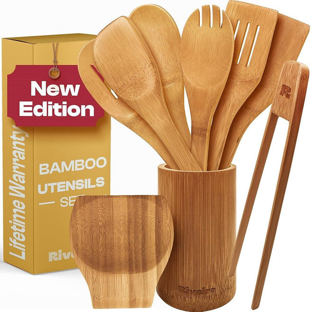 Riveira Dark Bamboo Wooden Spoons for Cooking 9-Piece with Holder, Apartment Essentials Wood Spatula Spoon Nonstick Kitchen Utensil Set Premium Quality Housewarming Gifts for Everyday Use