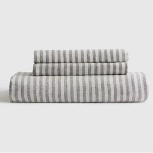 (King) European Linen Fitted Sheet Set in Grey/white Stripe