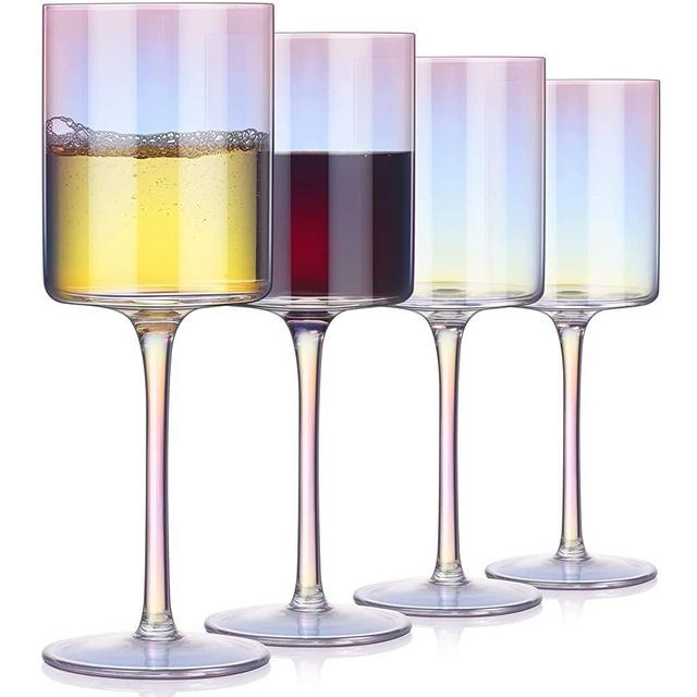 Wine Glasses - Square Wine Glasses Set of 4, Large Red & White Wine Goblets 16 ounce Long Stem Modern Edge Wine Glasses, Unique Gift for Women Men Wedding Anniversary Iridescent Sparkling