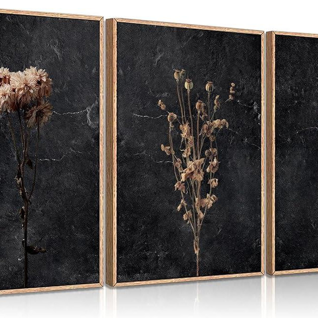 FTQYQLD 3Pcs Moody Dried Flower Wall Art Canvas Prints Dark Moody Botanical Unframed Poster Set Modern Farmhouse Home Decor 16x24in