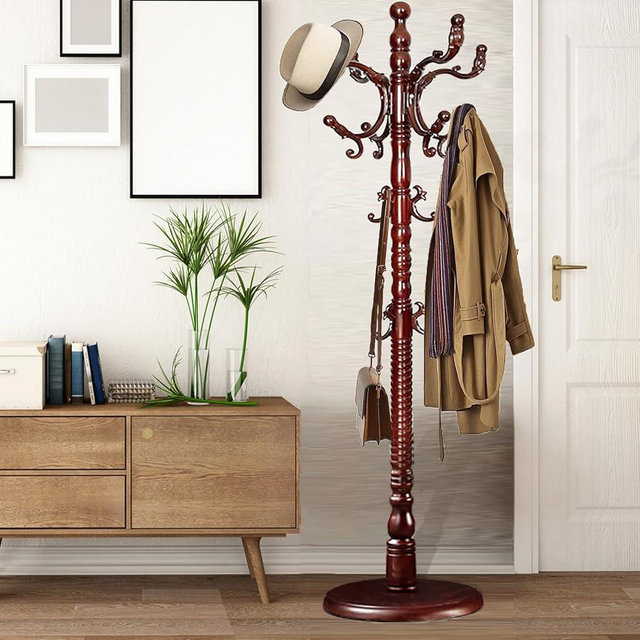 Sauqzoh Coat Racks Free Standing with 14 Hooks, Natural Wood Coat Stands for Entryway, Adjustable Height 73 in Tree Coat Rack Stand for Hallway Home Office Bedroom (Mahogany)
