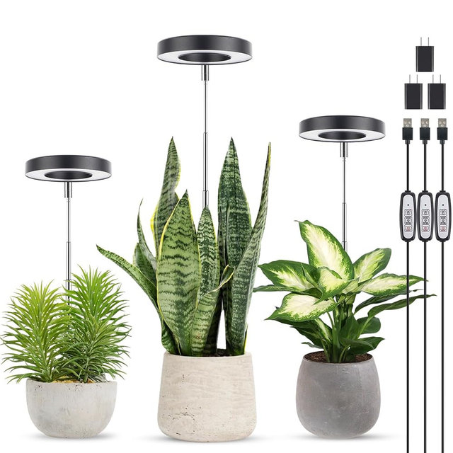 LORDEM Grow Light, Full Spectrum LED Plant Light for Indoor Plants, Height Adjustable Growing Lamp with Auto On/Off Timer, 4 Dimmable Brightness, Ideal for Small Plants, 3 Packs of Black