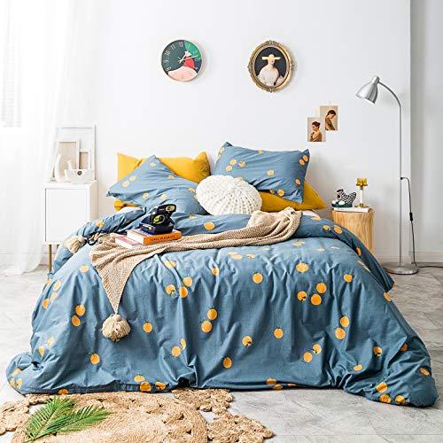 SUSYBAO 3 Piece Duvet Cover Set 100% Natural Cotton Denim Blue Queen Size Fruit Print Bedding Set with Zipper Ties 1 Orange Tangerine Pattern Duvet Cover 2 Pillowcases Hotel Quality Soft Comfortable