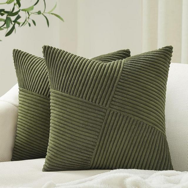 Topfinel 26x26 inches Euro Pillow Shams Set of 2 Olive Green Corduroy Decorative Throw Pillow Covers for Bedroom Living Room, Windmill Textured Striped Patchwork Couch Pillow Covers 65x65 cm
