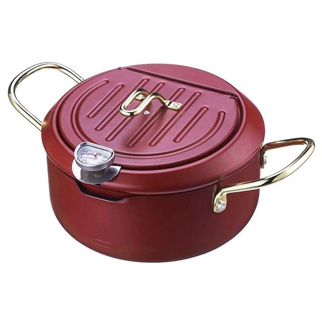 LEPO Fryer Frying Pot, Japanese Tempura Fryer with Thermometer, Lid And Oil Drainer, Non-stick Stainless Steel Deep Fryer for Kitchen French Fries, Fish and Shrimp