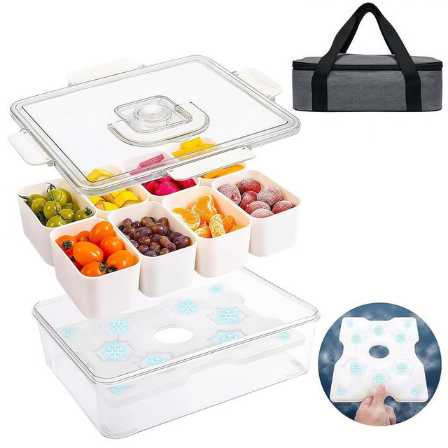 Chilled Snackle Box Container, Snacklebox with Reusable Ice Pack, Beach Essentials Insulated Bag for Parties, Road Trip, 8 Compartment Snack Container, for Fruits, Veggies, Snacks, Keep Food Cold