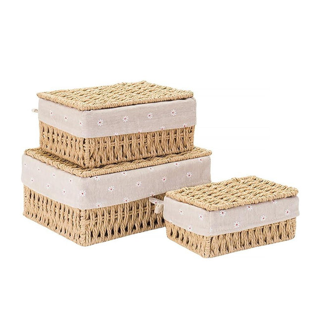GIB Small Wicker Storage Baskets with Lids and Liner, Rectangular Paper Rope Woven Baskets for Organizing, Decorative Boxes Boho Decor for Shelves Table Desktop Makeup Organizer, Set of 3