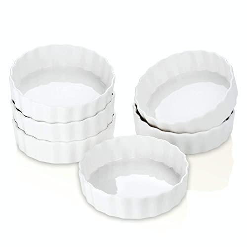 LOVECASA Porcelain Round Ramekins for Baking, 6.0 Ounce Creme Brulee Dishes Round Tart Pan Mini Fluted Quiche Dishes,Ceramic Baking Ramekins Set of 6, 4.7 x 4.7 x 1.1 Inch