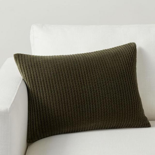 Quilted Velvet Lumbar Pillow Cover, 14" x 20", Moss