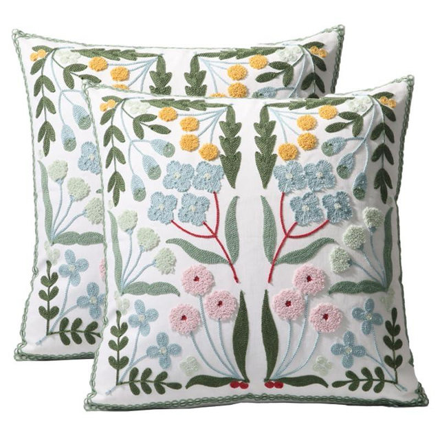 Pilmandu Pack of 2 Embroidered Decorative Throw Pillow Cover 18x18 Inch Farmhouse Floral Pillowcase for Living Room Sofa Bed (Blue Floral)