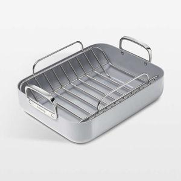 Caraway Grey Ceramic Non-Stick Roasting Pan with Rack + Reviews | Crate & Barrel