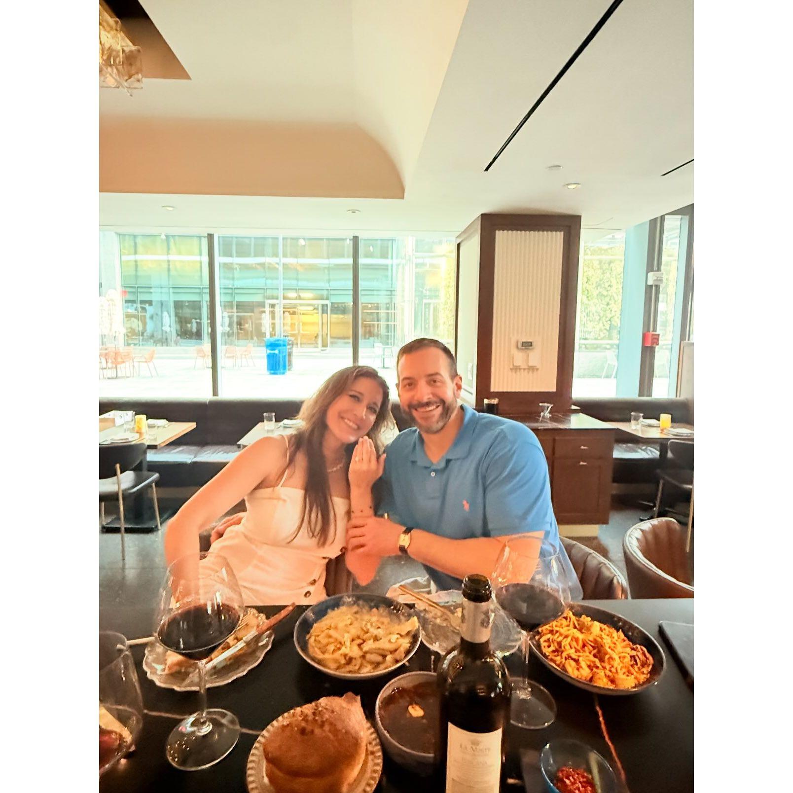 Celebrating our engagement over amazing Italian food!
