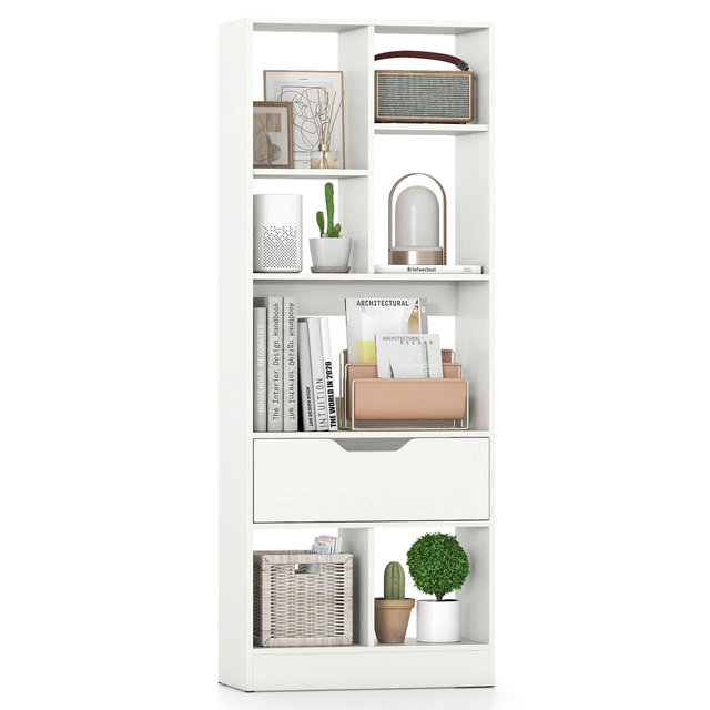 Costway 1 PCS 51” Tall Bookcase with Drawer 7 Open Cubes Anti-toppling Kits for Study Home Office White