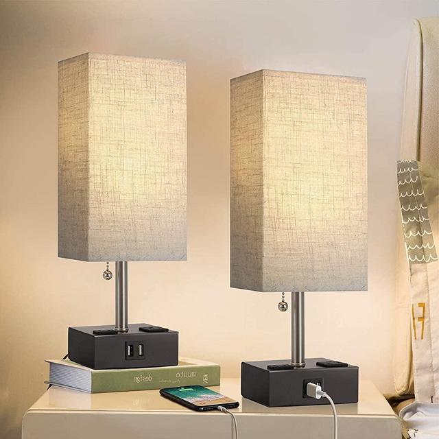 PORTRES 15.5'' Minimalism Style USB Table Lamp Set of 2 for Bedroom Desk Lamps with 2 USB Charging Ports Bedside Nightstand Lamp with 2 AC Outlet Lamps for Living Room Study Room Black& linen