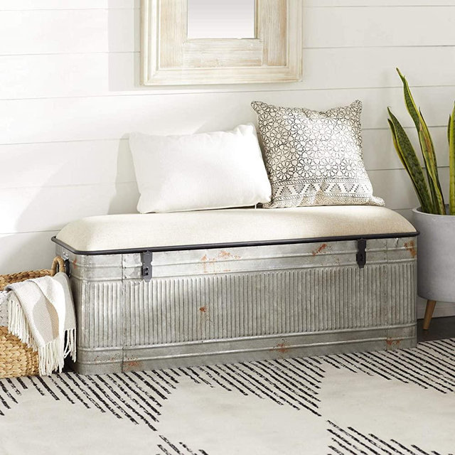 Deco 79 Metal Rectangle Storage Bench with Cream Burlap Top and Latches, 50" x 16" x 18", Gray
