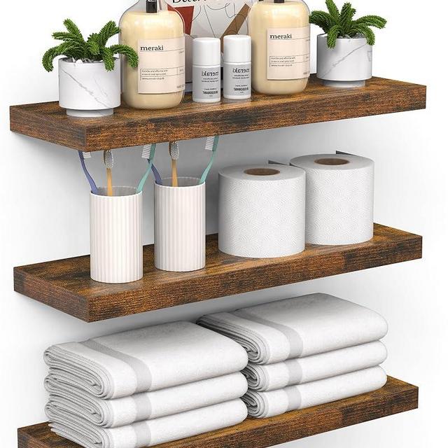 BAYKA Floating Shelves for Wall – Bathroom Shelves Rustic Wood with Metal Brackets for Bathroom, Bedroom, Kitchen, or Living Room Decor – Rustic Brown, Set of 3, Sturdy Storage with 22lb Capacity