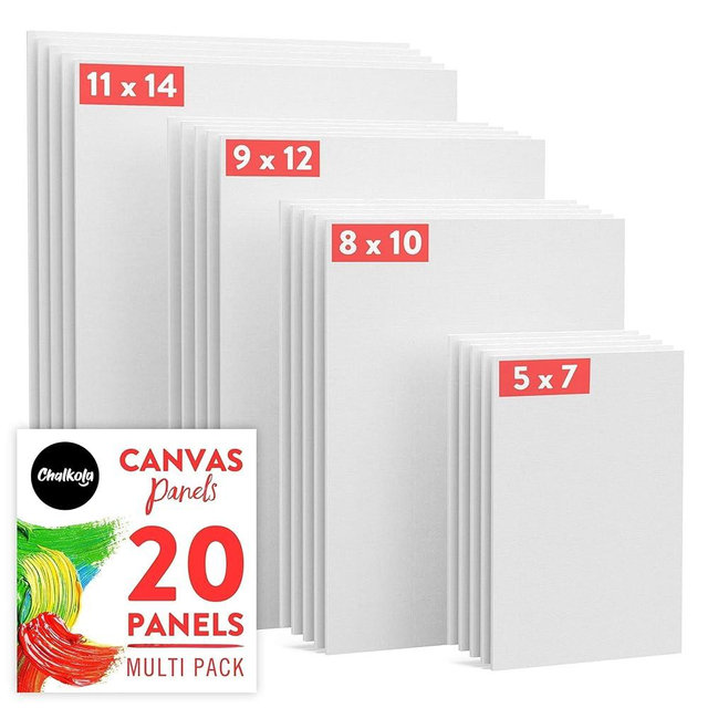 Chalkola Canvas for Painting - (20 Bulk Pack, 5x7, 8x10, 9x12, 11x14 inch) | 100% Cotton Panels, Primed Blank Canvases for Painting for Kids & Adults - Paint Canvas Boards for Acrylic, Oil, Watercolor