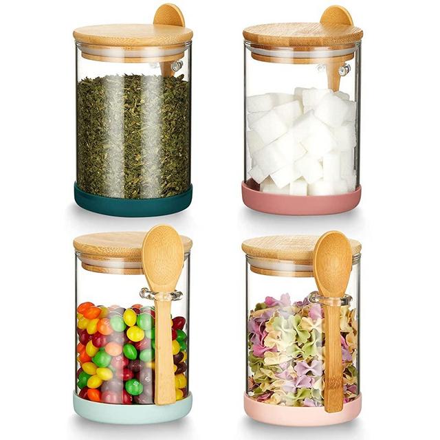 Mfacoy Set of 4 Airtight Glass Jars with Bamboo Lids & Spoons, 17 oz Borosilicate Glass Jars Containers, Clear Food Storage Canister for Cookie, Candy, Coffee, Sugar, Matcha Tea, Flour
