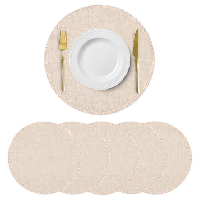 Round Placemats Set of 6, 15 Inch Linen Fabric Table Placemats, Heat Resistant, Wrinkle Free Washable Placemats Kitchen Place Mats Set of 6 for Dining Table Party Table (Beige, 6)