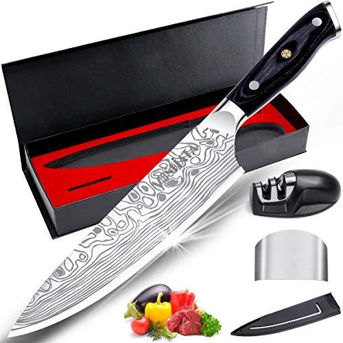 MOSFiATA 8" Super Sharp Professional Chef's Knife with Finger Guard and Knife Sharpener, German High Carbon Stainless Steel 4116 with Micarta Handle and Gift Box