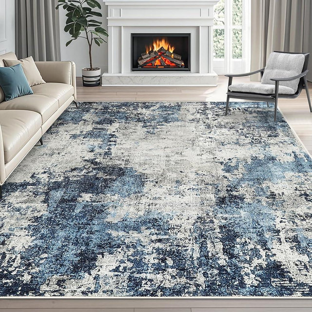 Dintszyayue Abstract Washable Area Rug 8x10 Non-Slip Soft Blue Neutral Area Rugs for Bedroom Living Room Dining Room Floor Carpet (Blue, 8'x10')