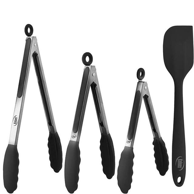 Kaluns Kitchen Tongs Set, 4 Piece -Black- Stainless steel 7-9-12 Inch Tong + Bonus Silicone Spatula Best Non-stick, Heat resistant Serving Utensils Tools Collection Best for Cooking and Baking