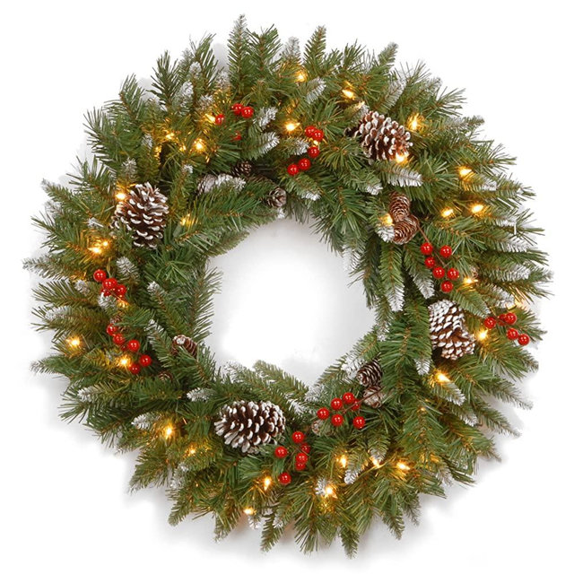 National Tree Company Pre-lit Artificial Christmas Wreath | Flocked with Mixed Decorations and Pre-strung White Lights | Frosted Berry - 24 Inch