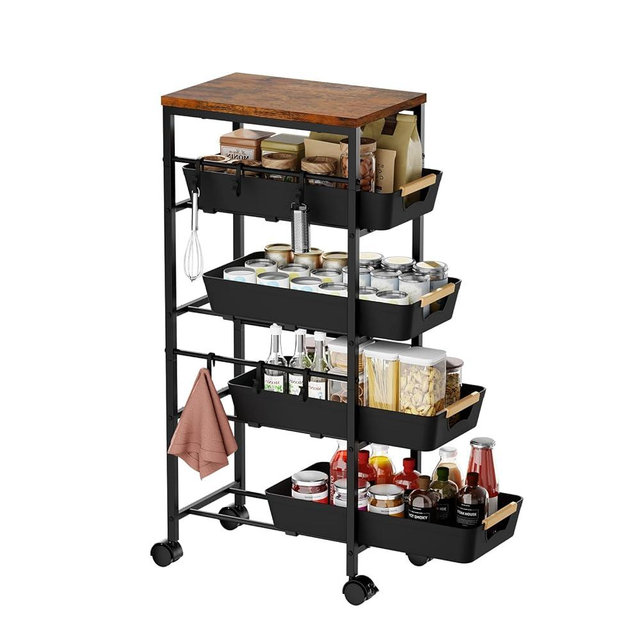 Landmok 5-Tier Slim Storage Cart, Wooden Top Rolling Kitchen Cart with Pull-Out Baskets & Wheels, Narrow Space Utility Cart Slide Out Organizer for Kitchen, Bathroom, Laundry Room, Black