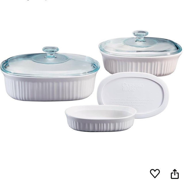 CorningWare Ceramic Bakeware Set with Lids, Chip and Crack Resistant Stoneware Baking Dish, Microwave, Dishwasher, Oven, Freezer and Fridge Safe, 6-Piece French White
