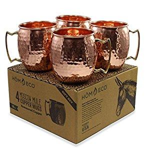 Copper Mugs Moscow Mule Set (Pack of 4 mugs), Pure Solid Copper No Nickel Lining, No Lead, Hammered Finish, 16 oz