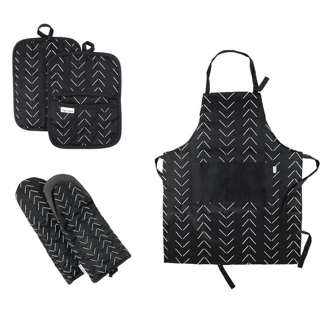 Sage+Stitch Oven Mitts, Apron and Pot Holders 5 Piece Set | Heat Resistant Gloves | Apron with Pockets | Accessories for Kitchen and Baking | Black Mudcloth Design