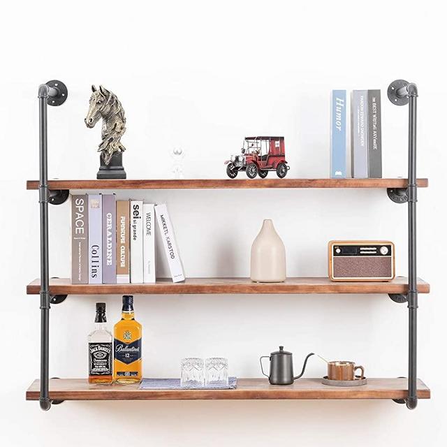 Industrial Wall Mounted Pipe Shelving,Rustic Metal Floating Shelves,Steampunk Real Wood Bookcases,DIY Bookshelf Hanging Shelves,Farmhouse Kitchen Bar Office Home Storage (4-Tier with 3 Boards,48in)