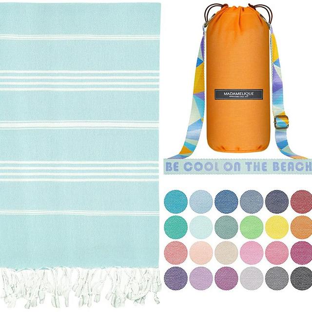 Madamelique Turkish Beach Towel with Beach Bag - 39 x 74 - Prewashed Beach Towels Oversized - %100Cotton - Quick Dry - Sand Free - Hand Loomed Turkish Bath Towels - Unique Turkish Towel (Aqua)