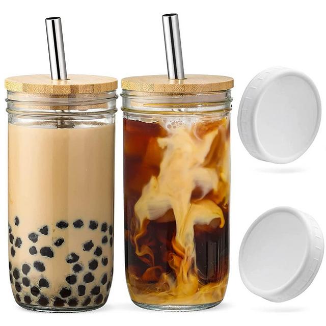 Glass Cups Set - 24oz Mason Jar Drinking Glasses w Bamboo Lids & Straws & 2 Airtight Lids - Cute Reusable Boba Bottle, Iced Coffee Glasses, Travel Tumbler for Bubble Tea, smoothie, Juice - 2 Pack