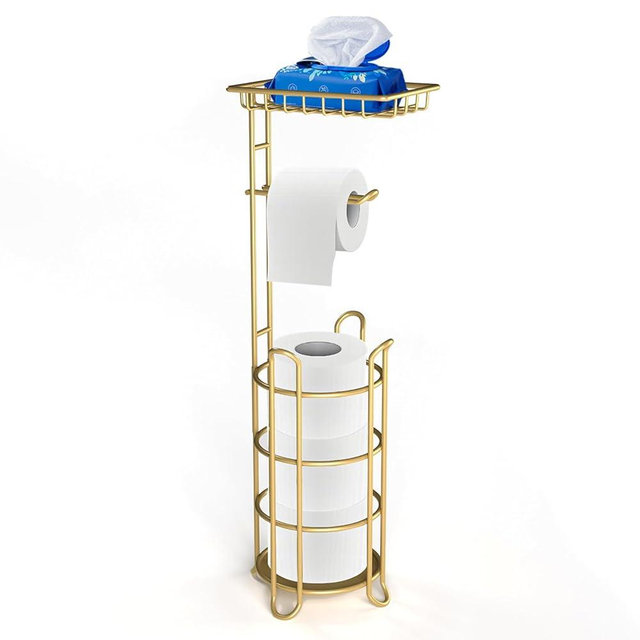 Gold Toilet Paper Holder Stand with Shelf, Freestanding Tissue Roll Holder, Holds 4 Mega Rolls and Extra Storage for Phone, Wipes
