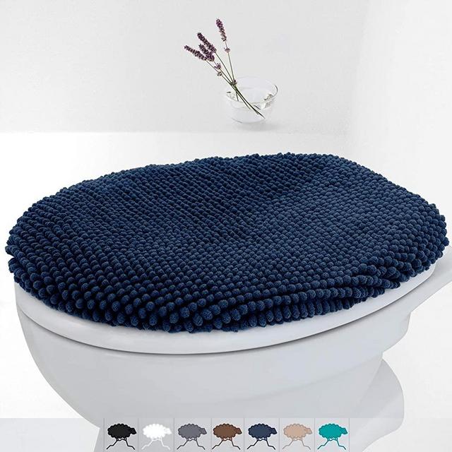 Fluffy Grip Chenille Bathroom Toilet Lid Cover, Large Size, Machine Washable, Extra Soft Shag Plush Fabric Covers, Teal Toilet seat Cover Fits Most Size Toilet Lids (Blue)