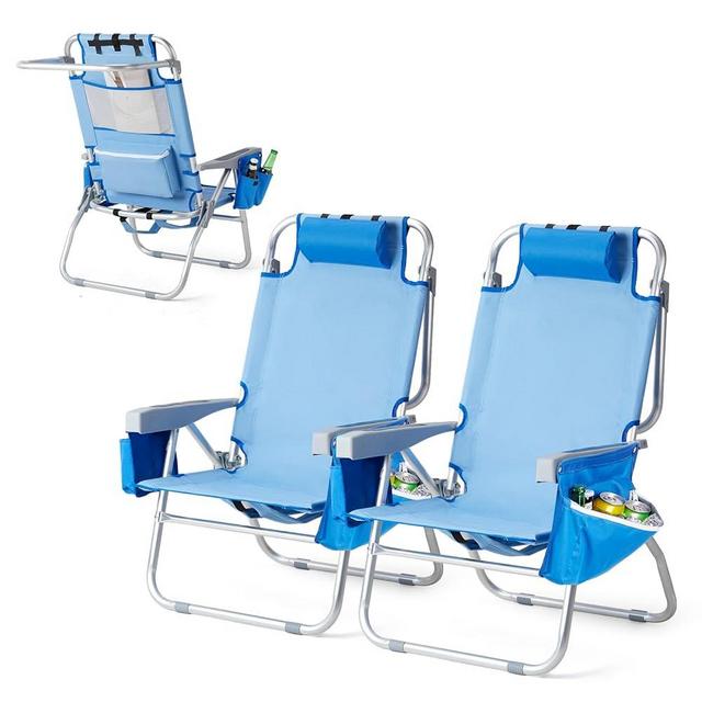 VINGLI Backpack Beach Chair 2 Pack, with 5-Position, Cup Holders, Cooler Bag, Towel Bar, Lightweight Folding Beach Camping Chairs for Adults(Blue-13)