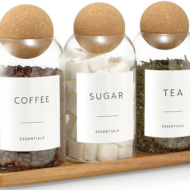 GENSTEUO Coffee Sugar Tea Container Set, 3 Pack Glass Jars with Cork Lids, Apothecary Jars with Tray for Bathroom, Decorative Qtip and Cotton Ball Holder, Cute Display Jars for Coffee Bar (27oz)