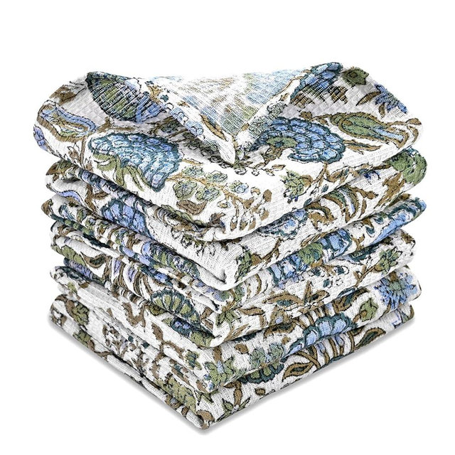 Ridhi Asparagus Green Hand Block Print Cotton Waffle Dish Cloth Set of 6-12x12 Inch Super Absorbent, Soft, Reusable Kitchen Towels for Dish Drying Cleaning, Ideal for Spring, Easter, Valentine