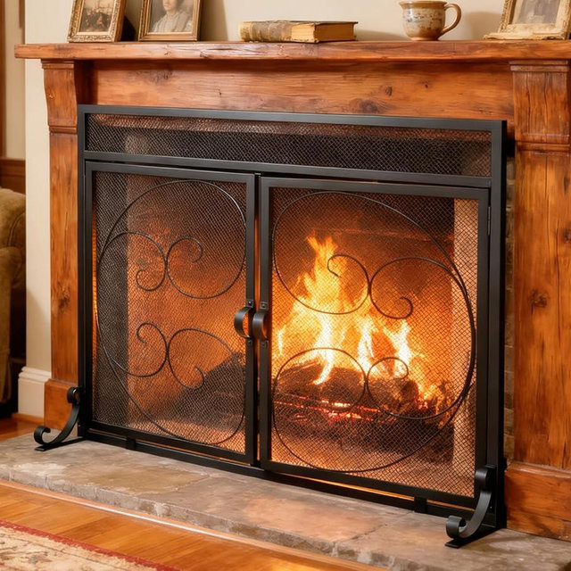 Fire Beauty Fireplace Screen with Magnetic Doors,Large Metal Fireplace Screen for Home,Spark Guard,Decorative Metal Furnace Fireguards,Baby Safe Spark Guard Protector,Black